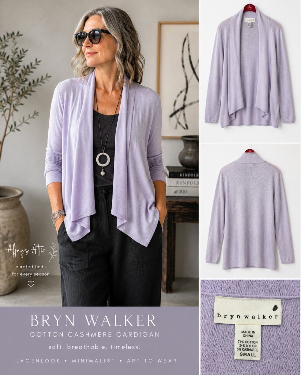 Bryn Walker Cotton Cashmere Cardigan Lilac Draped Waterfall Lagenlook Size S